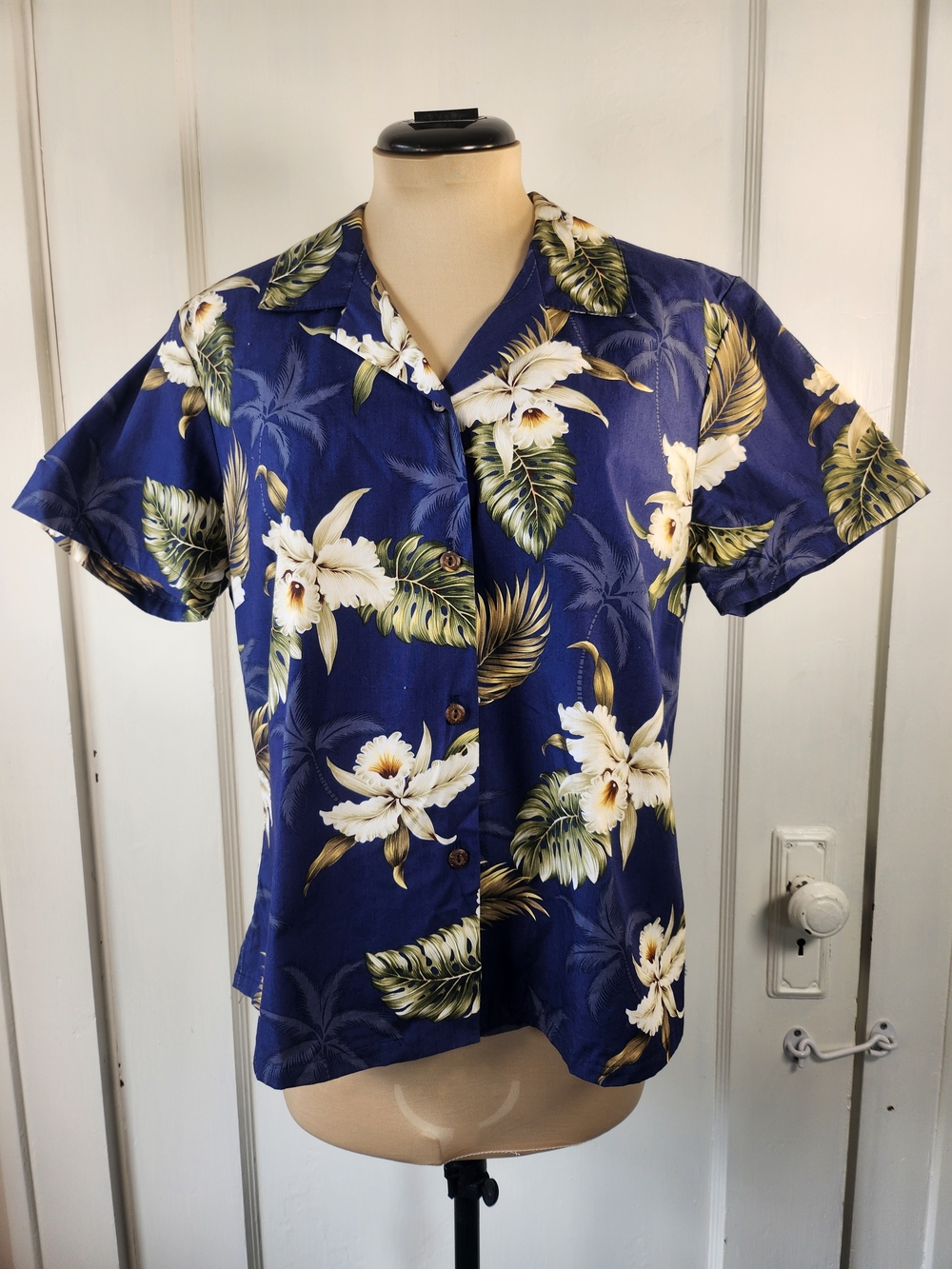 Vtg 60s Made In Hawaii 100% Cotton Blue Orchid Print Button-Down Camp Shirt